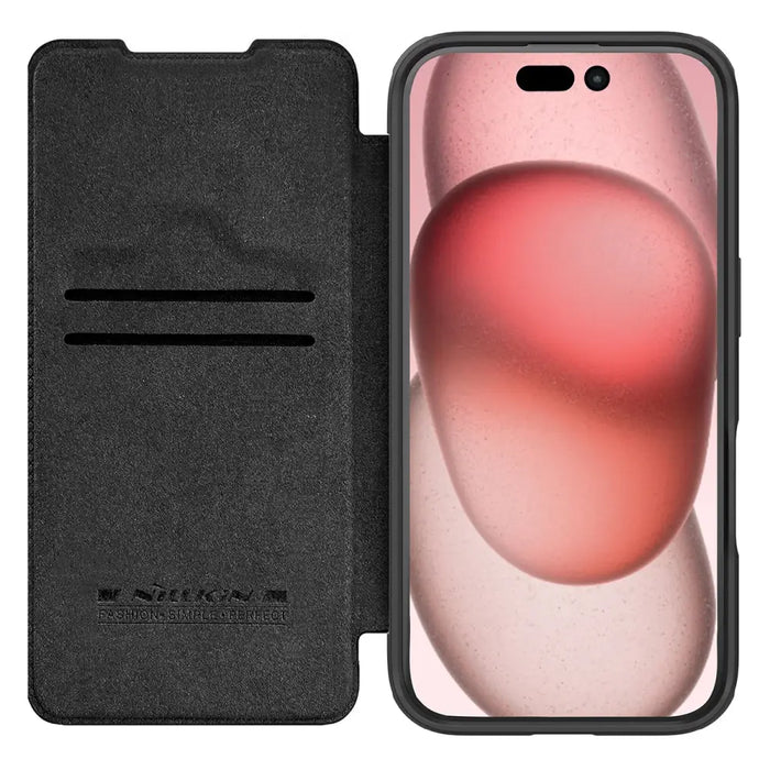 Nillkin Qin Prop Leather Case with Camera Cover and Stand for iPhone 16 Pro - Black - Cell phone cases