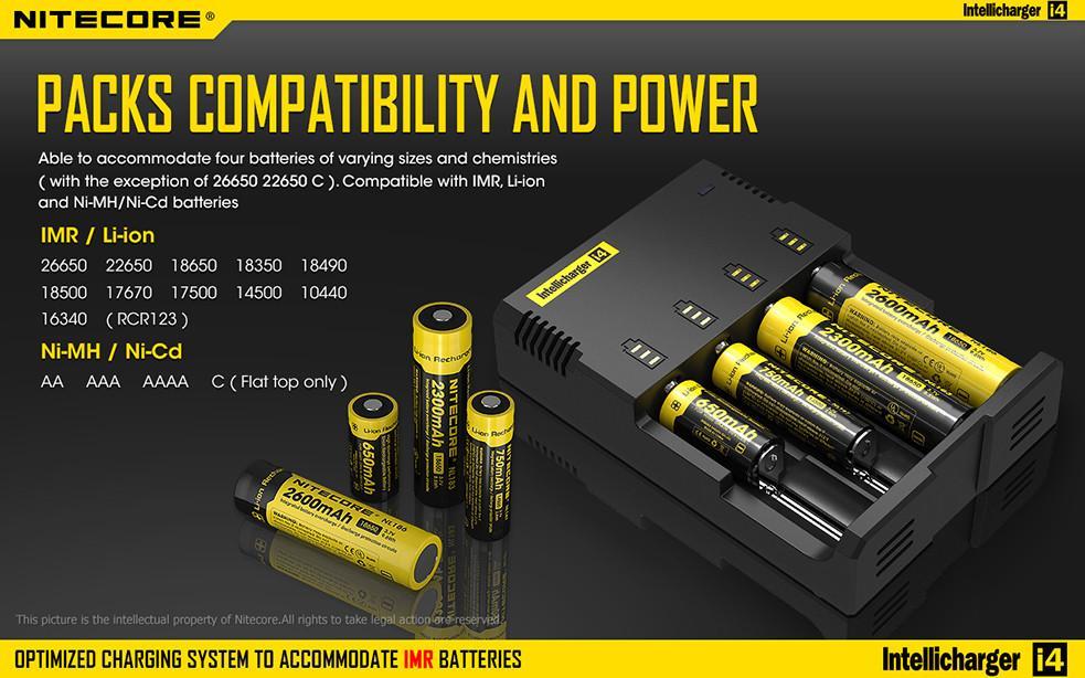 NITECORE i4 Universal Charger, LiIon & NIMH, 18650, CR123; AA, AAA, C, D