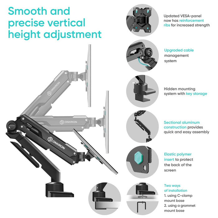 ONKRON G90-B Swivel and tilt desk mount for 13‘-34’ monitors, max. 10 kg, with rotation, black