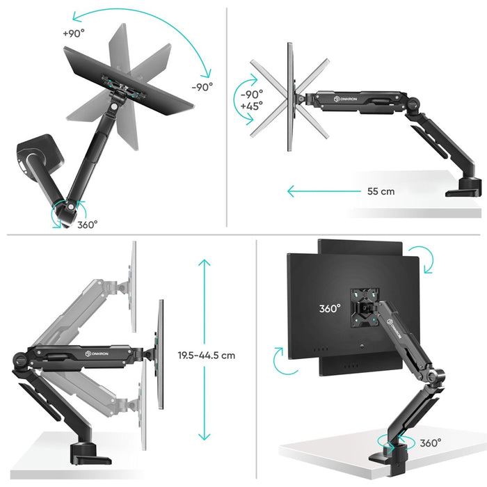ONKRON G90-B Swivel and tilt desk mount for 13‘-34’ monitors, max. 10 kg, with rotation, black
