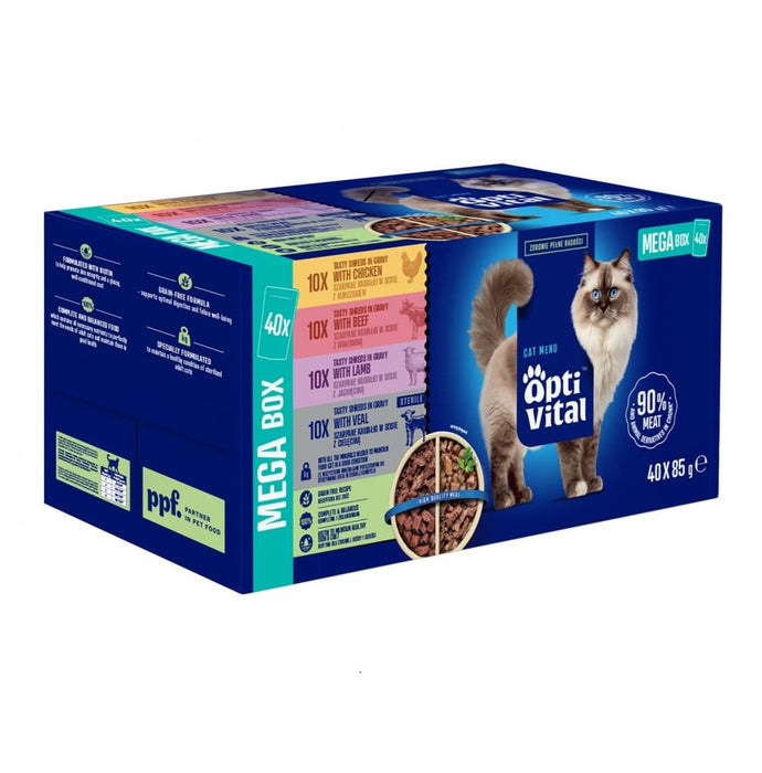 OPTIVITAL Tasty shreds in gravy with chicken, beef, lamb and veal - wet cat food - 40x85g