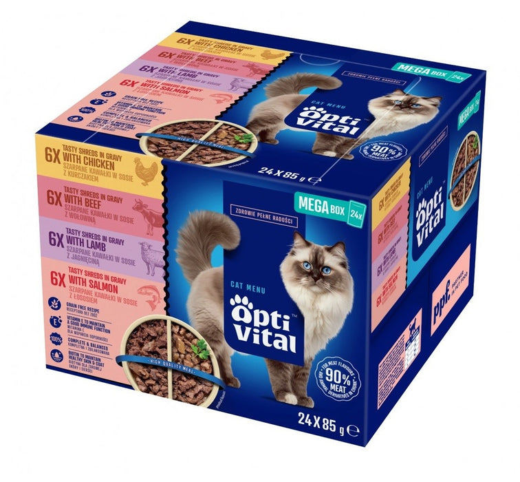 OPTIVITAL Box with chicken, beef, lamb, salmon - wet cat food - 24x85g