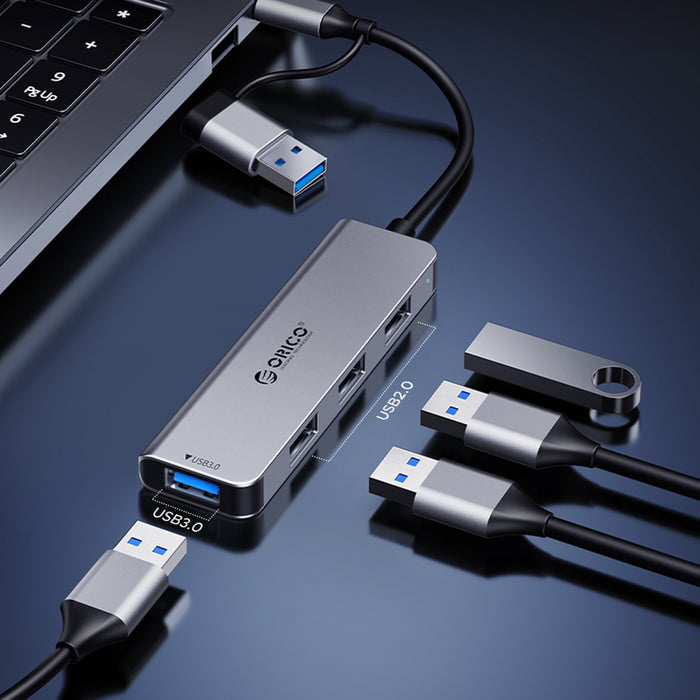 Orico YSB4-U2 USB-A/USB-C Hub Docking Station 2x USB-A 2.0 + 1x USB-A 3.0 + 1x USB-C 2.0 + 1x USB-C - Gray