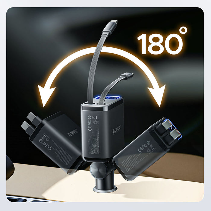 Orico Twin Reach 45W USB-A + USB-C Car Charger with Two Retractable USB-C Cables - Black