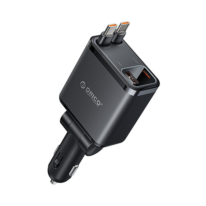Orico Twin Reach 45W USB-A + USB-C Car Charger with Two Retractable USB-C Cables - Black