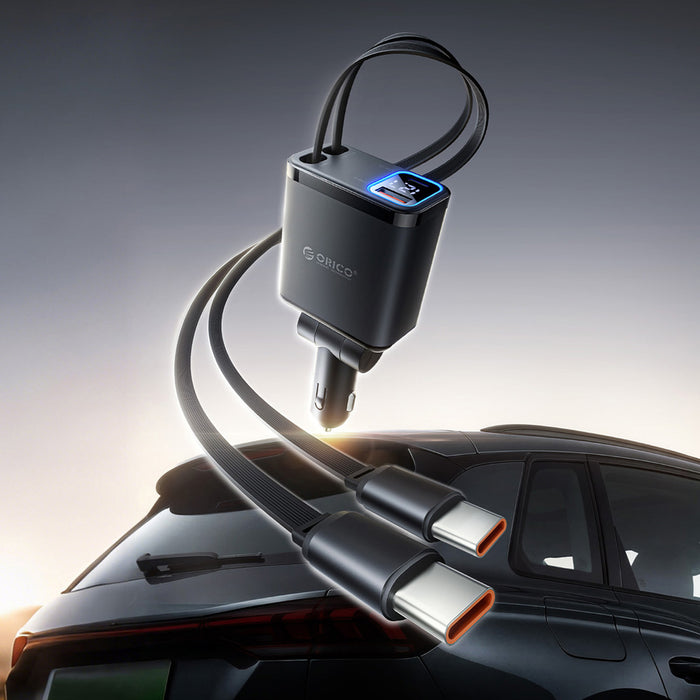 Orico Twin Reach 45W USB-A + USB-C Car Charger with Two Retractable USB-C Cables - Black