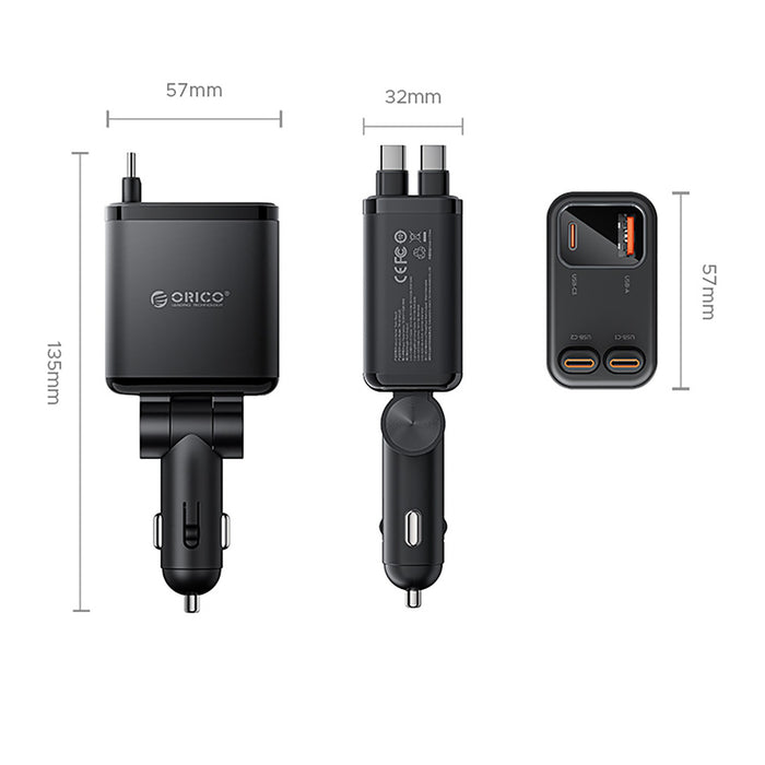 Orico Twin Reach 45W USB-A + USB-C Car Charger with Two Retractable USB-C Cables - Black