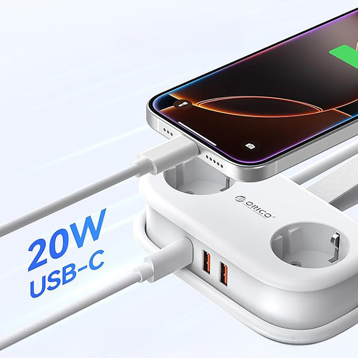 Orico AP3 20W GaN 5in1 Power Strip 2x AC + 2x USB-A + 1x USB-C - White