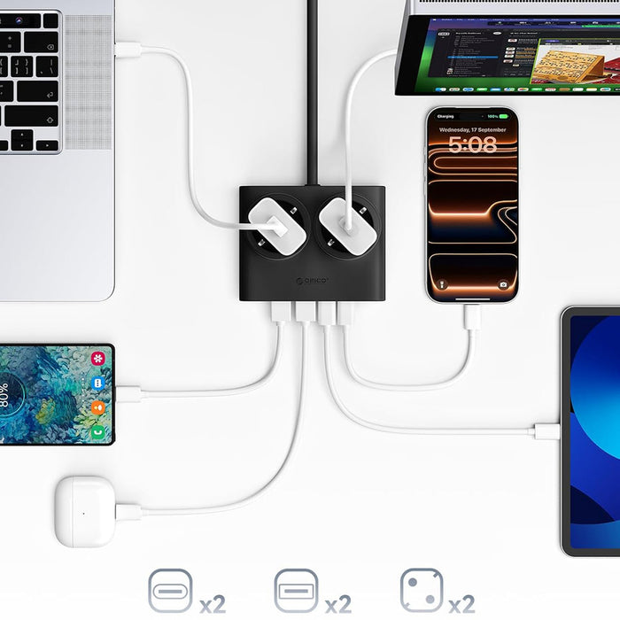 Orico PDC25 25W 6in1 Power Strip 2x AC + 2x USB-A + 2x USB-C - Black