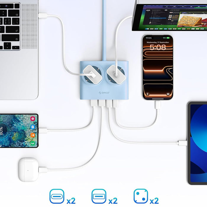 Orico PDC25 25W 6in1 Power Strip 2x AC + 2x USB-A + 2x USB-C - Blue