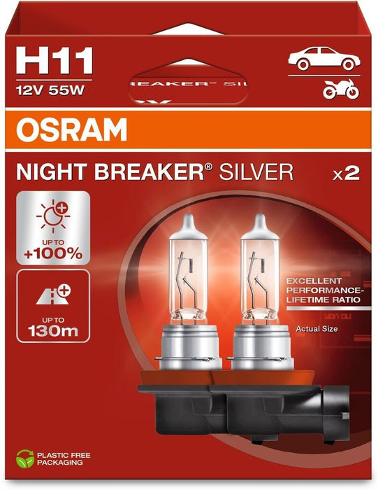 Bulb (Set of 2) H11 12V 55W PGJ 19-2 up to 100% more brightness, up to 130 m. of Night Breaker Silver light beam