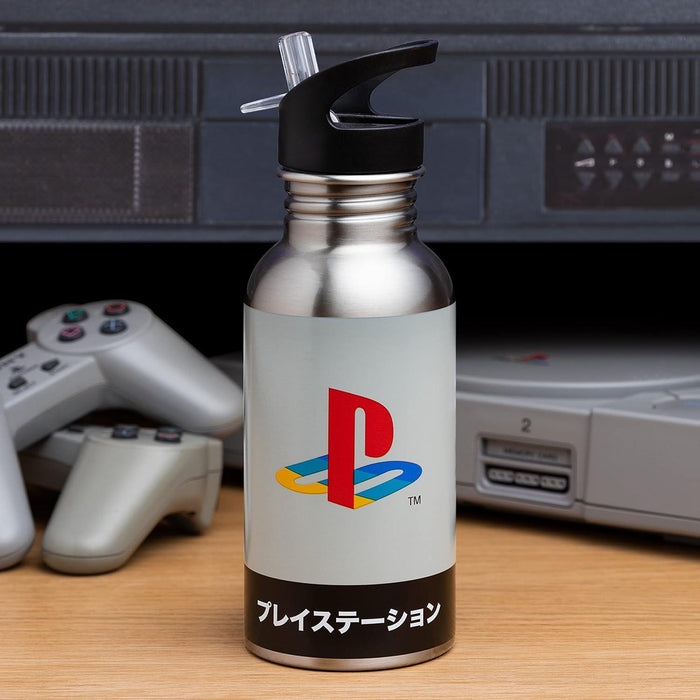 Paladone Water Bottle : PlayStation - Heritage Metal Water Bottle with Straw - 480ml
