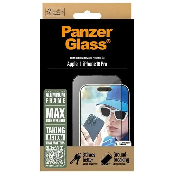 PanzerGlass Screen Protector Aluminum Frame iPhone 16 Pro 6.3’’ Ultra-Wide Fit 2850 - Cell phone tempered