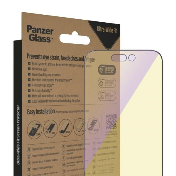 PanzerGlass Ultra-Wide Fit Antibacterial Tempered Glass with Blue Light Filter and Positioner for iPhone 14 Pro