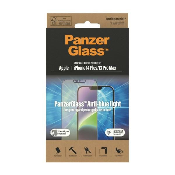 PanzerGlass Ultra-Wide Fit Antibacterial Tempered Glass with Blue Light Filter and Positioner for iPhone 14 Plus / 13 Pro Max