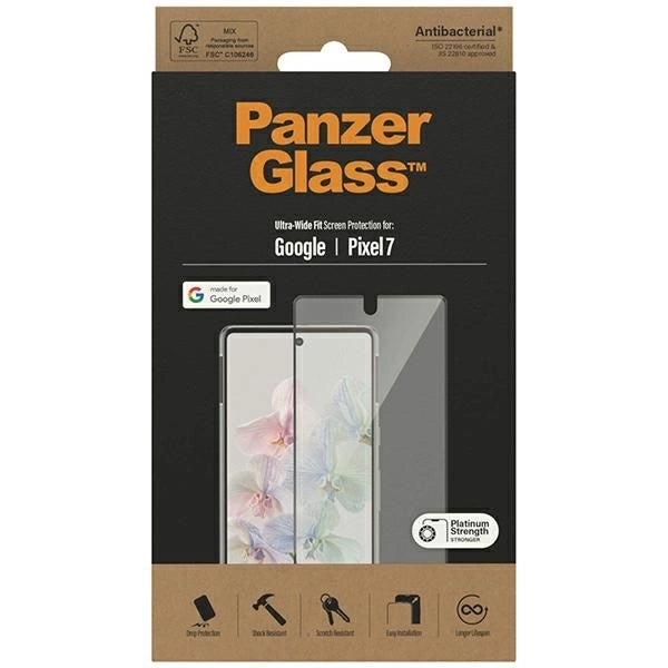 PanzerGlass Ultra-Wide Fit Antibacterial Tempered Glass for Google Pixel 7 - with Black Frame