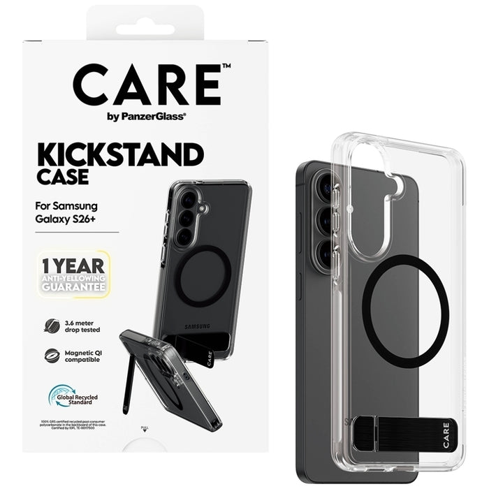 CARE by PanzerGlass Black Kickstand &amp; QI Case for Samsung Galaxy S26+ - Transparent
