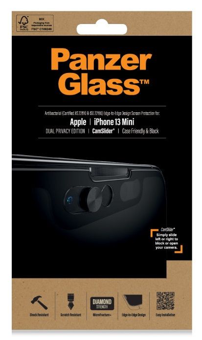PanzerGlass E2E Microfracture Tempered Glass for iPhone 13 Mini Case Friendly CamSlider Privacy Antibacterial - Black