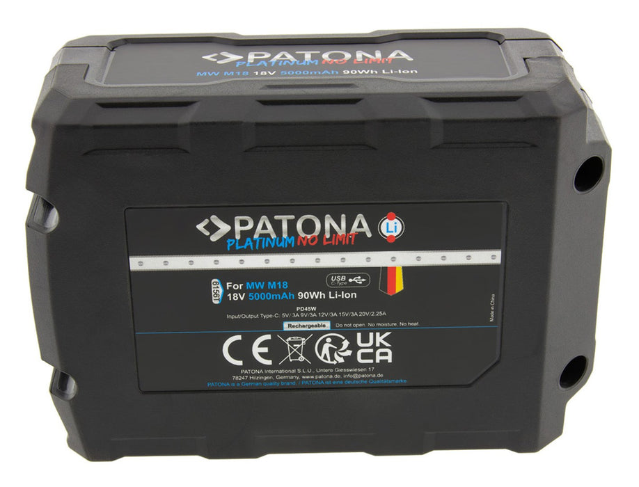 PATONA Platinum 18V Battery for Milwaukee M18 with USB-C port PD45W Black