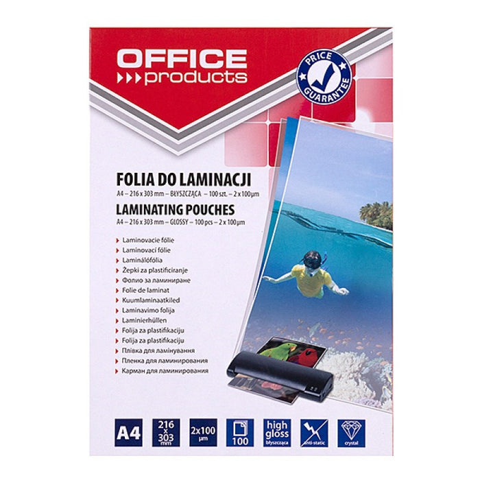 OFFICE PRODUCTS Laminating film, A4, 2x100 microns, glossy, 100 sheets, transparent