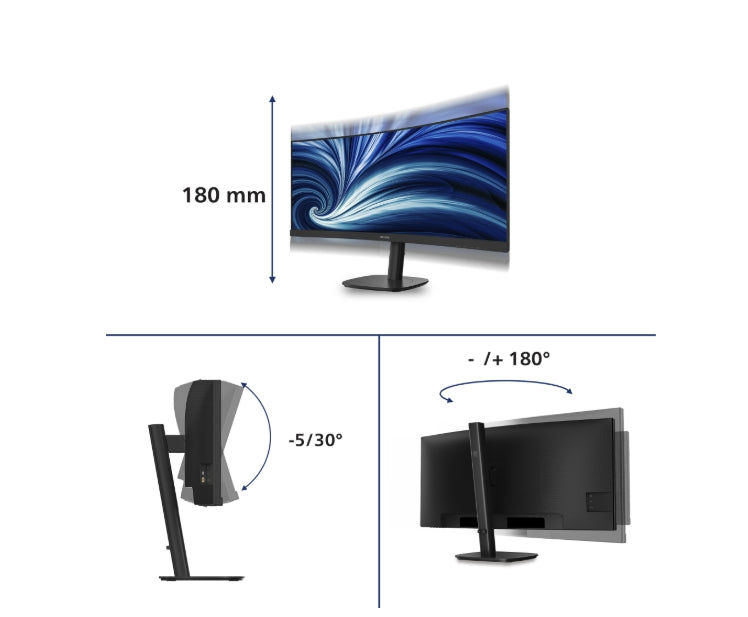 Philips 34B2N3500C, 34" Curved 1500R, VA, WLED, 3440x1440@120Hz, 4ms GtG, 350cd m/2, 3500:1, 50M:1 DCR, Adaptive Sync, FlickerFree, SoftBlue, 5Wx2, Tilt, Height Adjust, Swivel, 2xHDMI, DP, USB hub
