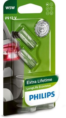 PHILIPS LONG LIFE ECOVISION W5W 3200K 5W 12V CARTON BLISTER X2 PCS