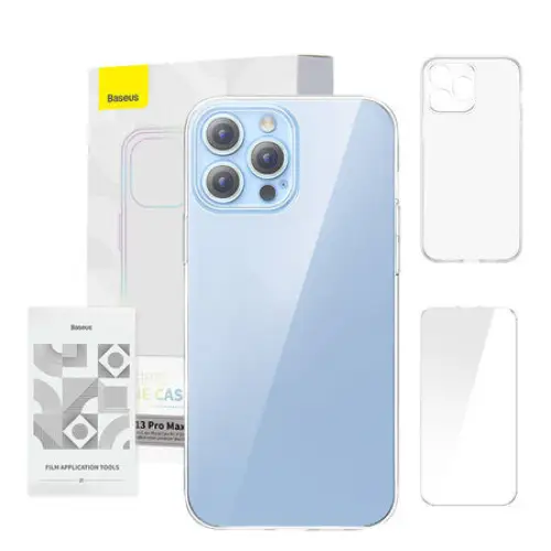 Phone case Baseus Crystal Clear for 13 Pro Max (transparent) +all-tempered-glass screen protector +cleaning kit