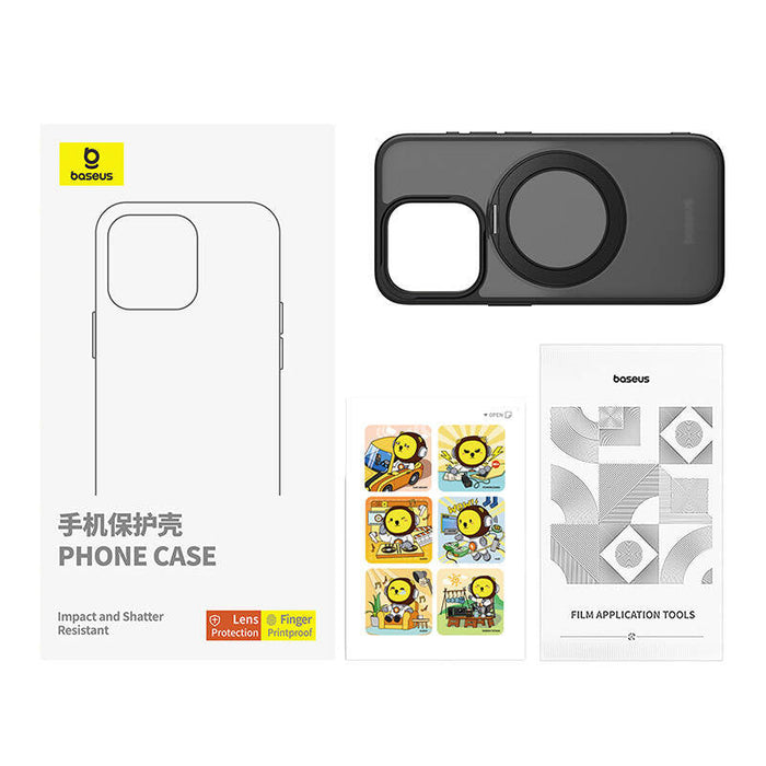 Phone Case Baseus SkyRing Magnetic with Stand for iP 15 Pro + tempered-glass and cleaning kit (black) - Protective