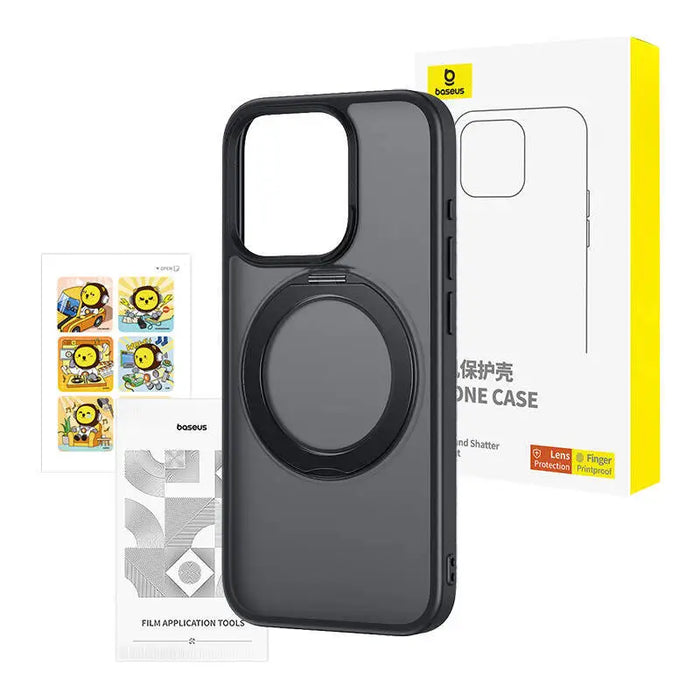 Phone Case Baseus SkyRing Magnetic with Stand for iP 15 Pro + tempered-glass and cleaning kit (black) - Protective