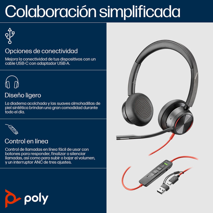 HP Poly Blackwire 8225 Stereo Microsoft Teams Certified USB-C Headset +USB-C/A Adapter SmartBuy