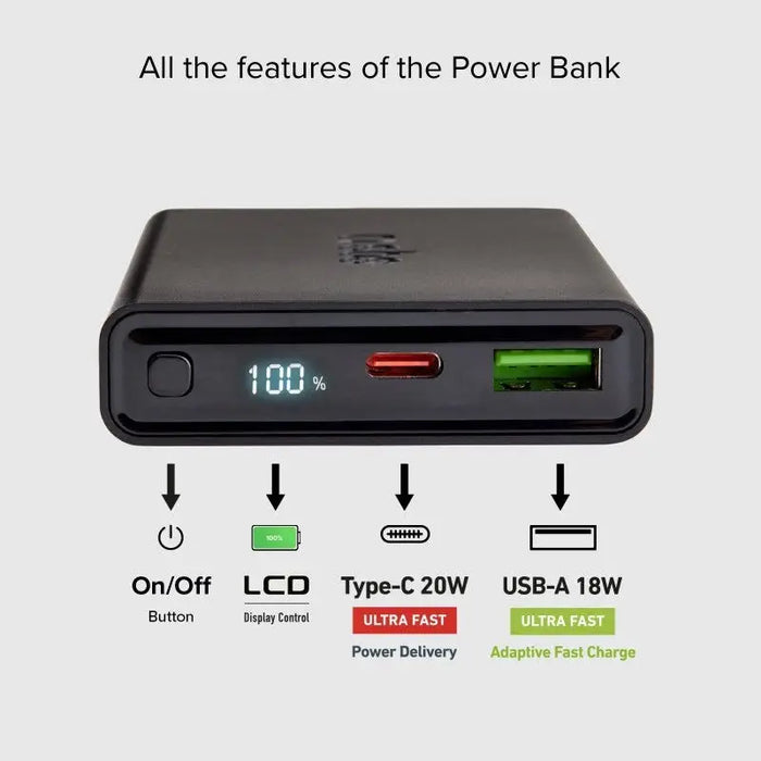 POWER BANK 10000mAh,1xUSB C,1xUSB A,PD 20W,LCD SBS - Външни батерии<<<Аксесоари за мобилни устройства и ТВ<<<AmperelB2B