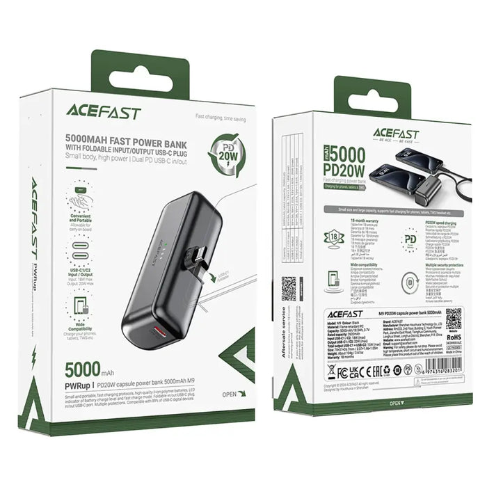 Powerbank Acefast M9 5000mAh USB-C (male) / USB-C (female) PD 20W - black - Powerbanks<<<HurtelXML