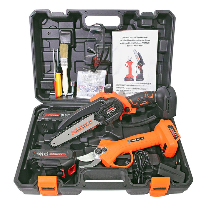 BATTERY SET MINI SAW AND VINE SCISSORS PREMIUM 21 V, NUMBER OF BATTERIES 2, 2.00 Ah, BAR LENGTH 15.00 cm