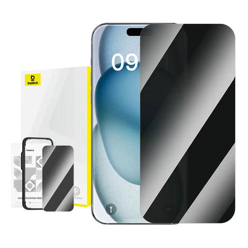 Privacy Tempered Glass Baseus Superior for iPhone 15 +cleaning kit and EasyStick (clear) - For smartphones<<<Tempered