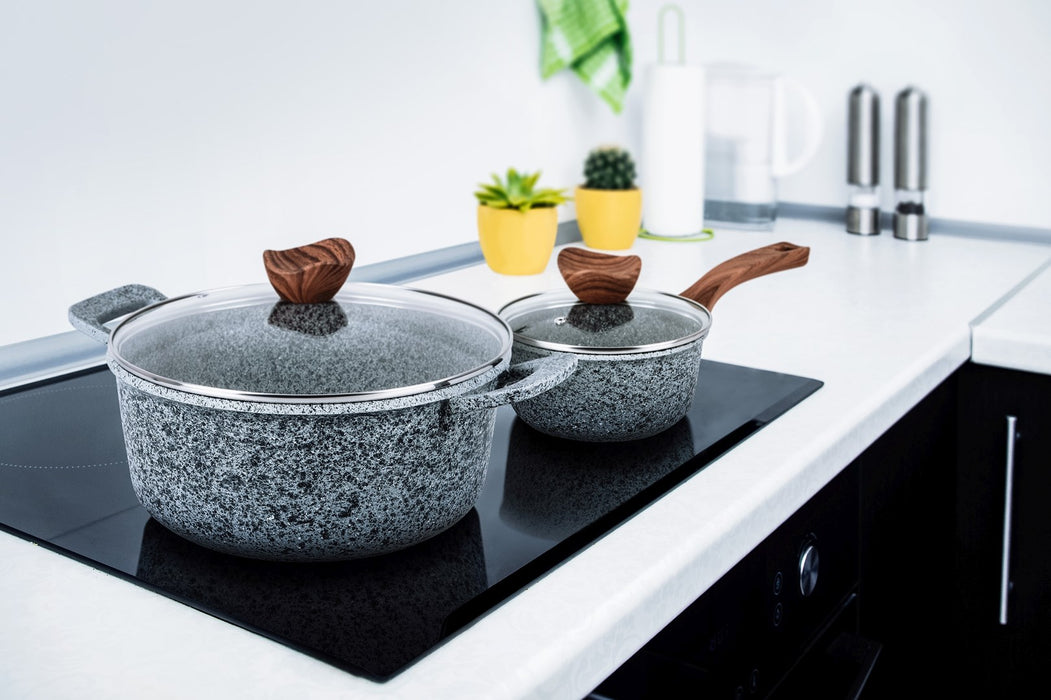 PROMIS Set of pots GRANITE, saucepan 16 cm, pots 20,24,28 brown handles