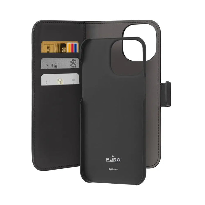 Puro Wallet Detachable MagSafe 2in1 PU Leather Case with Flap and Wallet for iPhone 15 Pro - Black - Cell phone cases