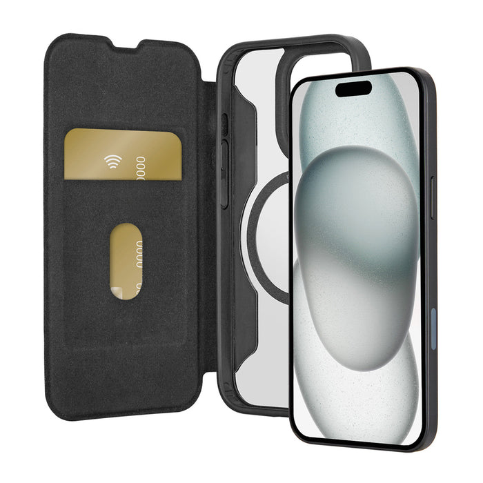 Puro Book Mag MagSafe Leather Case with Flap and Card Slot for iPhone 16 Pro - Black