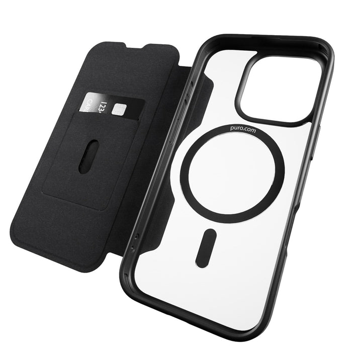 Puro Book Mag MagSafe Leather Case with Flap and Card Slot for iPhone 16 Pro - Black