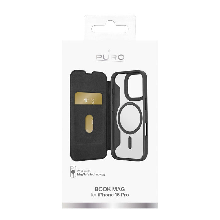 Puro Book Mag MagSafe Leather Case with Flap and Card Slot for iPhone 16 Pro - Black
