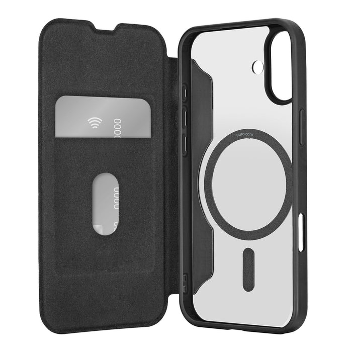Puro Book Mag MagSafe Leather Case with Flap and Card Slot for iPhone 16 - Black