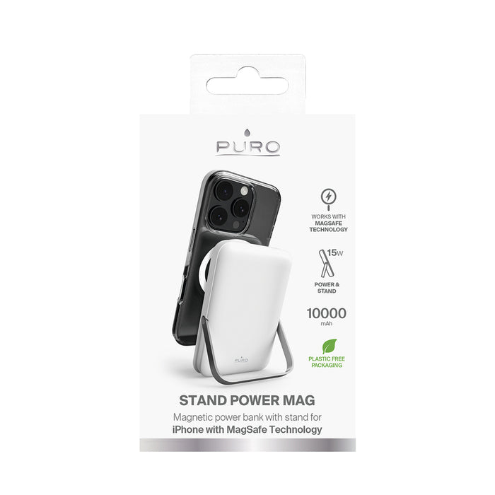 Puro 10000mAh MagSafe Wireless Power Bank with Aluminum Stand - White