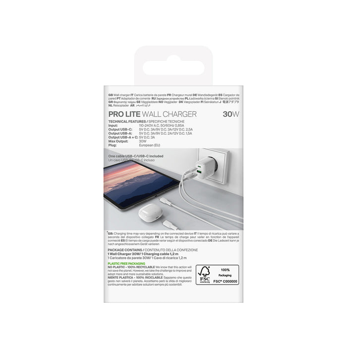 Puro PROLITE 30W USB-A / USB-C wall charger + USB-C - USB-C cable 1.2m - white
