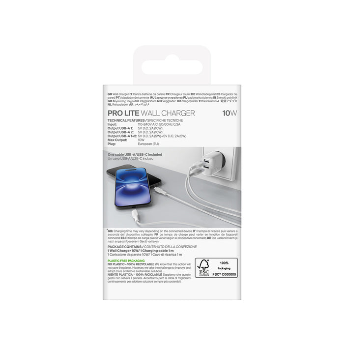 Puro PROLITE 10W 2x USB-A wall charger + USB-A - USB-C cable 1.2m - white