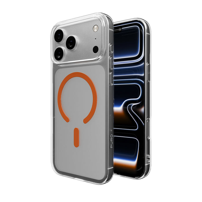 Puro Lite Mag TPU+PC Case Compatible with MagSafe for iPhone 17 Pro - Transparent with Orange Ring