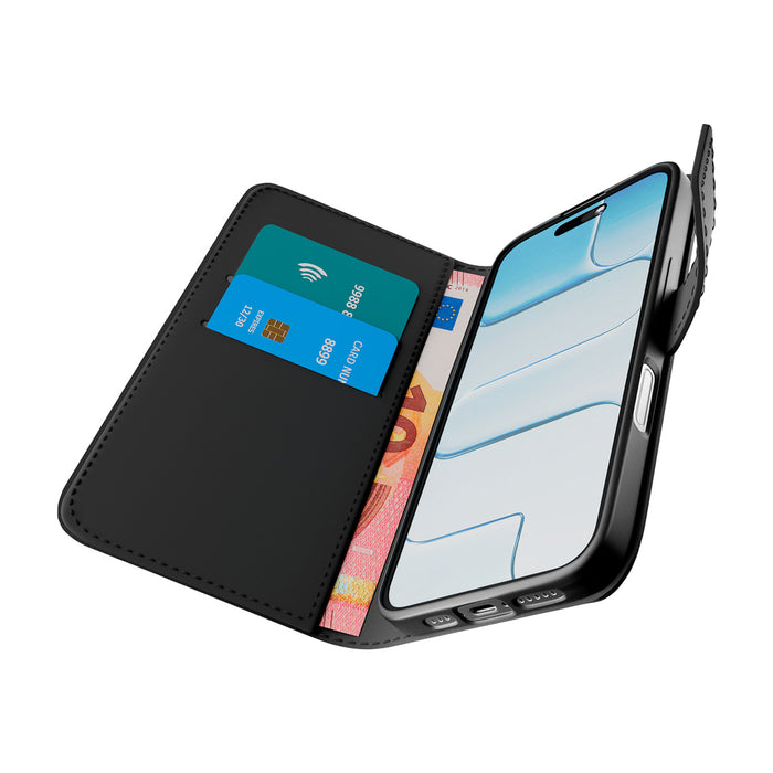 Puro Wallet Stand Case for iPhone 17 Pro Max Made of Eco-Leather, with a Flap, Wallet, and Stand Function - Black