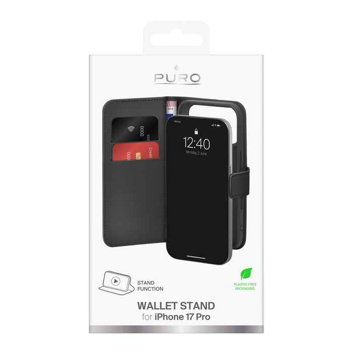 Puro Wallet Stand Case for iPhone 17 Pro Made of Eco-Leather, with a Flap, Wallet, and Stand Function - Black