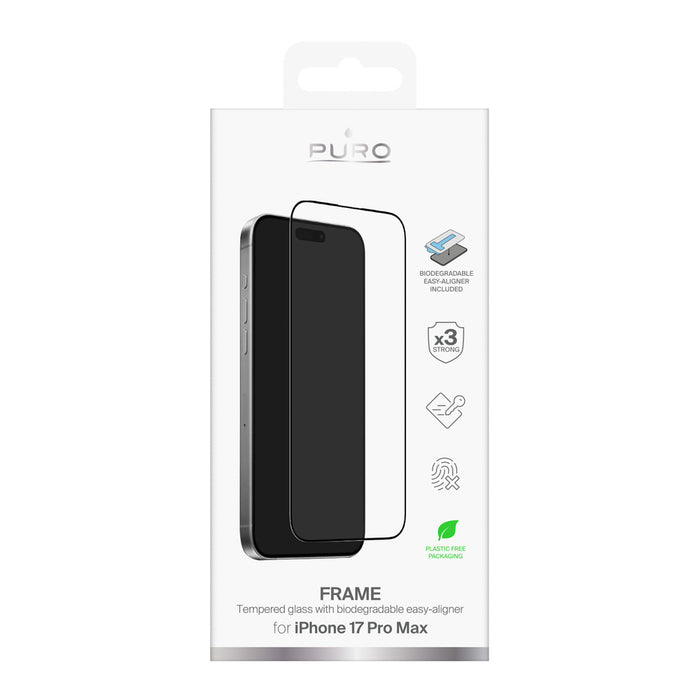 Puro Frame Tempered Glass for iPhone 17 Pro Max with Applicator and Black Frame