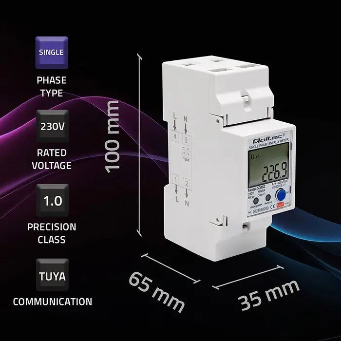 Qoltec 50882 Single phase electronic energy consumption meter for DIN rail | Wi-Fi | TUYA | 230V | LCD - Energy