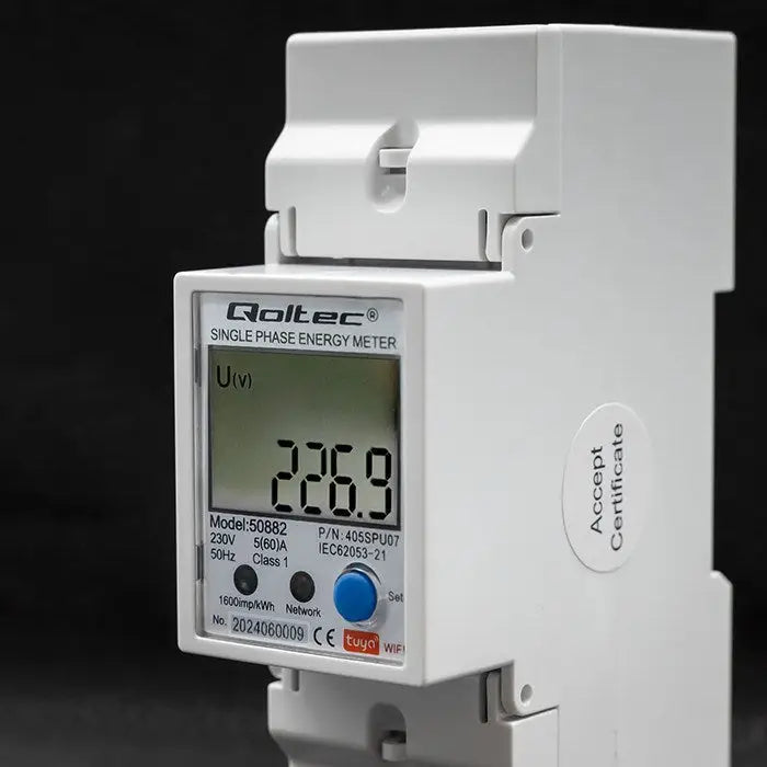 Qoltec 50882 Single phase electronic energy consumption meter for DIN rail | Wi-Fi | TUYA | 230V | LCD - Energy