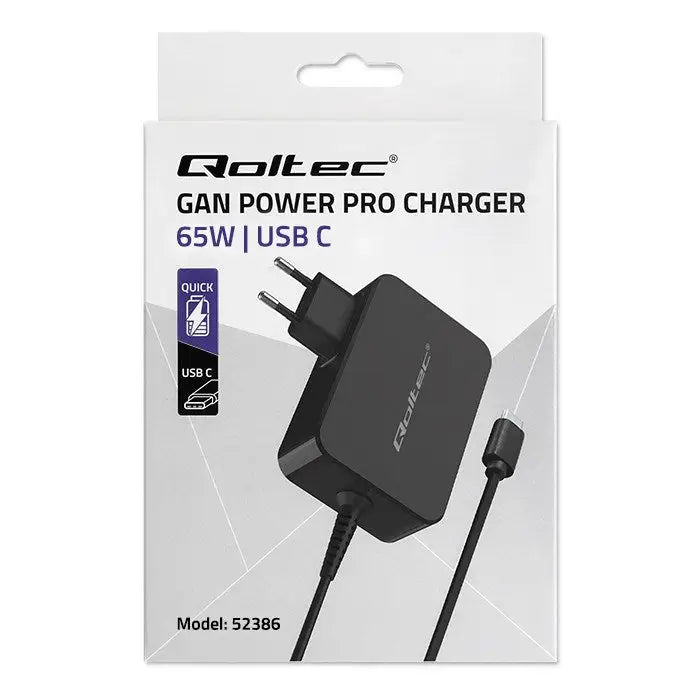 Qoltec 52386 GaN POWER PRO charger | 1xUSB-C | 65W | 5-20V | 3-3.25A | Black - ChargersLAD-SIC<<<Power supplies